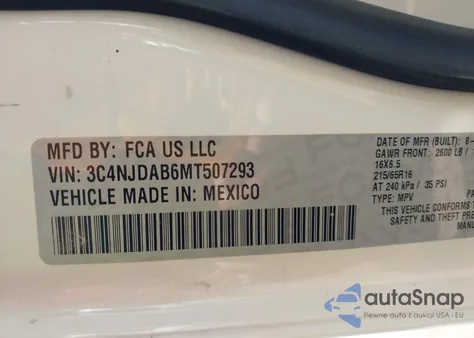 2021 Jeep Compass Sport z USA, uszkodzony, nr VIN 3C4NJDAB6MT507293